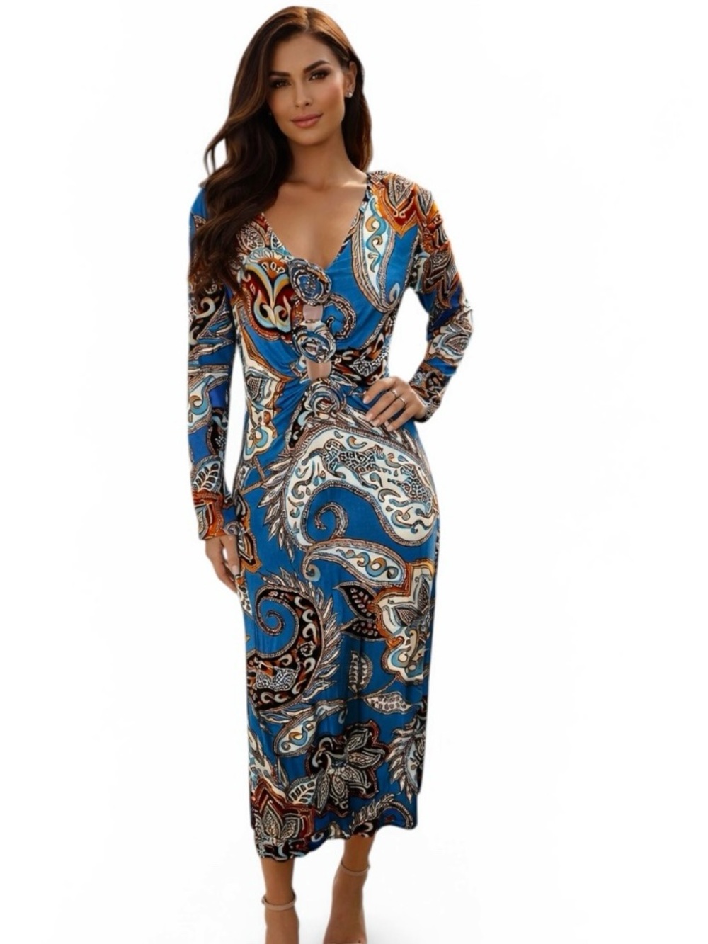 FARM RIO Wonderful Bouquet 3D Rosette Cutout Viscose Midi Dress Blue Paisley L